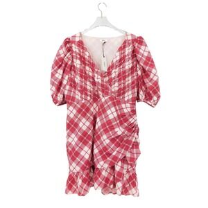 NWT RAHI Red White Plaid Ruffle Wrap V Neck Puff Sleeve Mini Dress XL‎